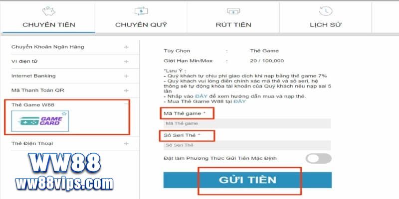 Nạp tiền WW88 hình thức chuyển khoản ngân hàng